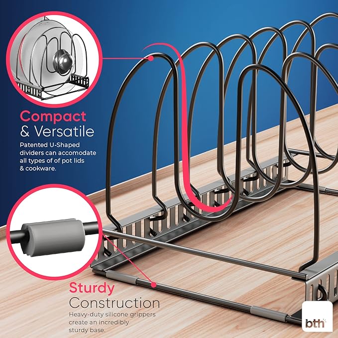 Better Things Home 6+ Compact Pan & Pot Lid Organizer Rack for Cabinet, Single Rack with 6 Adjustable Dividers for Kitchen Cabinet or Pantry (Dark Grey, SINGLE RACK)