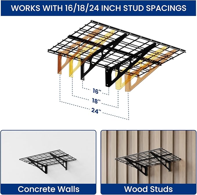 FLEXIMOUNTS 2-Pack 2x6ft Garage Shelving with Hooks, 24-inch-by-72-inch Wall Shelf Garage Storage Racks Floating Shelves, Black, Classic Series