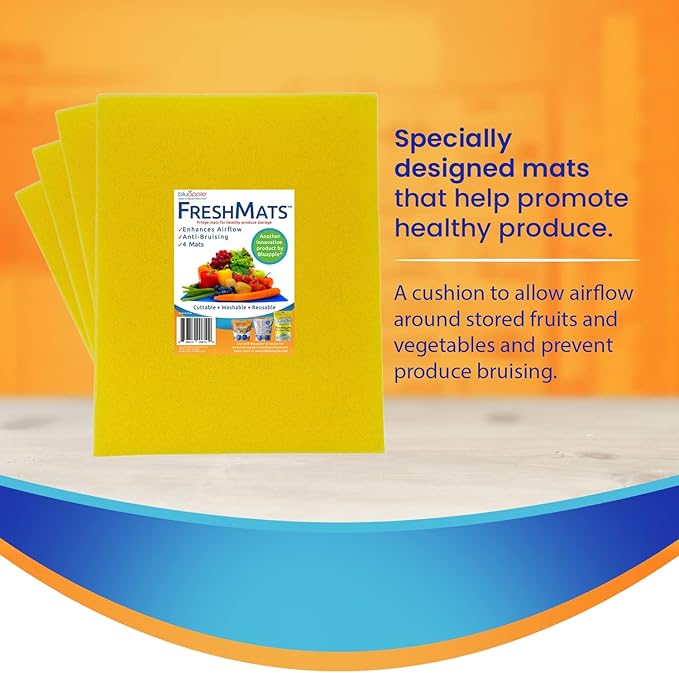 Bluapple FreshMats, Refrigerator Bin Liner, Fridge Drawer Mats, Crisper Life Extender Liner Keeps Produce Fresh Longer, Anti-Bruising, for Air Circulation, Washable & Reusable (4-Mats, 12x15, Yellow)