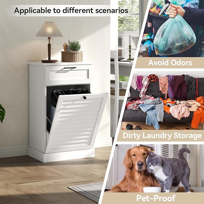 Upgraded Tilt Out Laundry Hamper Cabinet, 15 Gallon Trash Can Cabinet with Shutter Front & Drawer, Hidden Garbage Can Bin Cabinets with Laundry Storage Basket for Bathroom, Kitchen (White, Single)