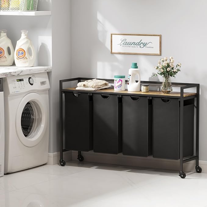 Lifewit Laundry Hamper 4 Section, 168L Pull out Laundry Clothes Basket Organizer with Large Top Shelf and 4 Removable Bags and Handles for Laundry Room Bedroom Bathroom, Black with Wheels