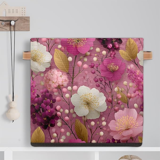 TropicalLife 13x13x13 Inch Large Fabric Storage Cube Pink Floral Print Foldable Storage Bin with Handles Organizer Boxes Cube Basket for Shelves Organizing Closet