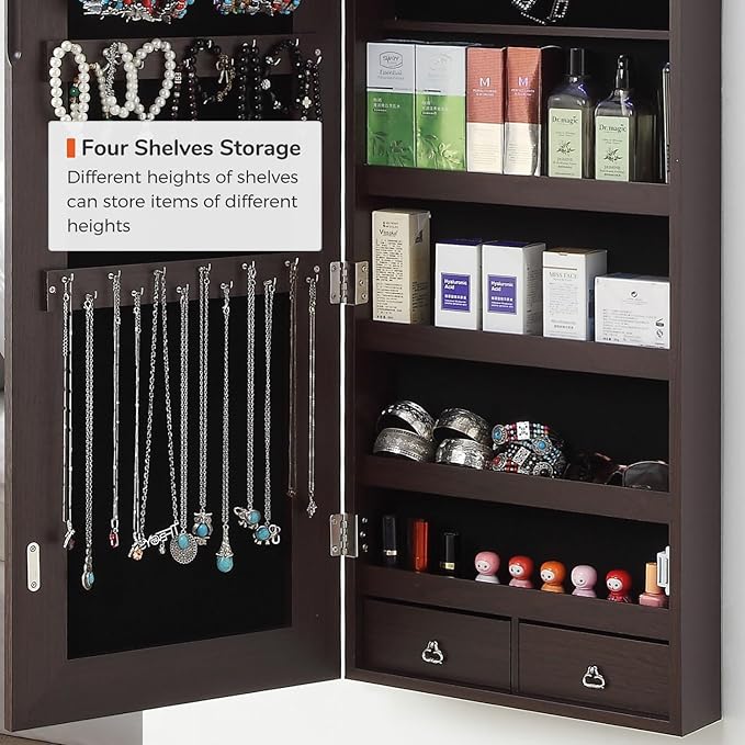 GISSAR Full Length Mirror Jewelry Cabinet, 6 LEDs Jewelry Armoire Wall Mounted Over The Door Hanging, Jewelry Organizer Storage with Lights Lockable, Brown, 14.6" x 47.2"