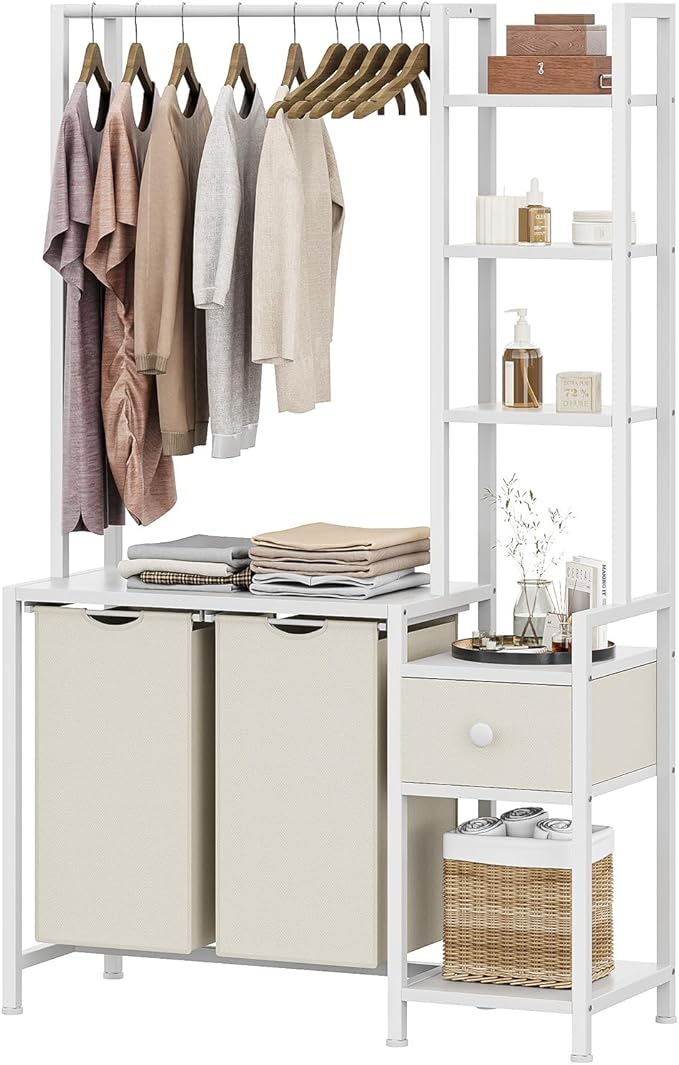 Laundry Hamper with Shelf, 5 Tiers Tall Laundry Basket Sorter with 2 Pull-Out and Removable Bags, Clothes Rack with Laundry Sorter for Laundry Room Bathroom Bedroom, White