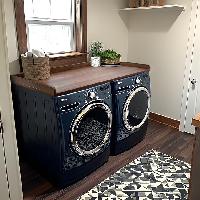 Kaboon Washer Dryer Countertop, Melamine Countertop with Edge Rails - 27.5" Depth x 54" Width Laundry Room Organization, Dark Walnut