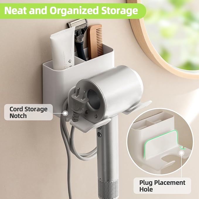 Dyson Hair Dryer Holder - Universal Wall Mount Blow Dryer Holder with Strong Self Adhesive, Plug&Cord Organizer Rack for Bathroom, Vanity, Cabinet, White