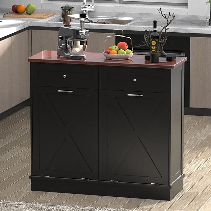 Betterhood Double Tilt Out Trash Cabinet 20 Gallon Wooden Free Standing Laundry Sorter Cabinet,Recycling Cabine with Hideaway Drawer,Tilt Out Trash Cabine Can Bin Kitchen (Black)