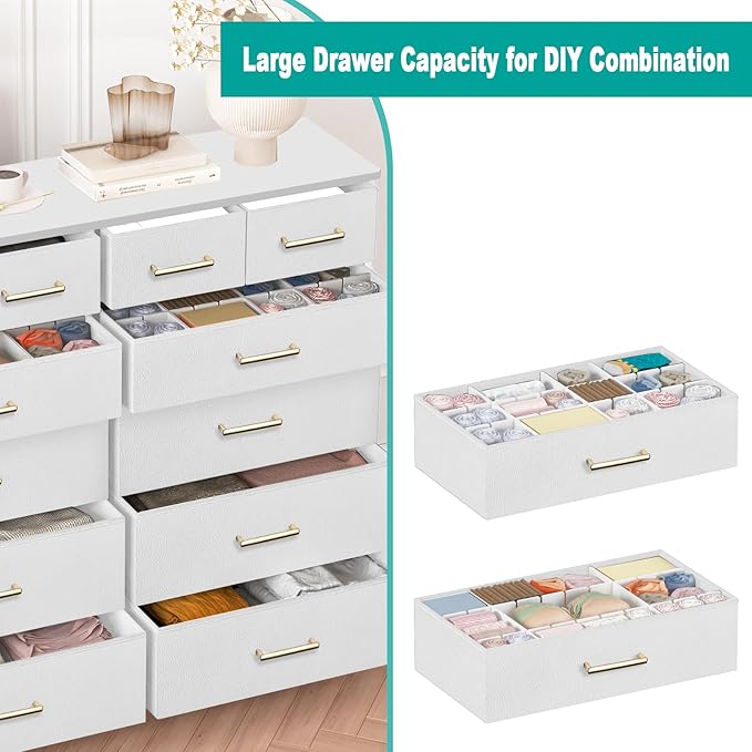 Chest of Drawers for Bedroom with 12 Deep Drawers Tall Fabric Dresser, Storage Cabinet for Closet, Nursery, Bedside, Living Room, Entryway, Hallway (White)