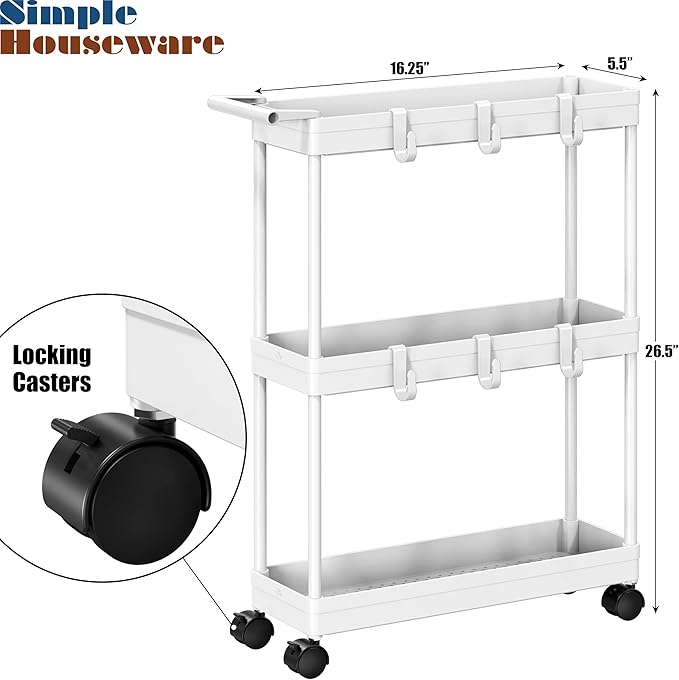Simple Houseware 3-Tier Slim/Narrow Storage Cart with Handle, 5.5'' Wide x 26.5'' Height Rolling Organizer for Kitchen, Bathroom, Laundry Room - White