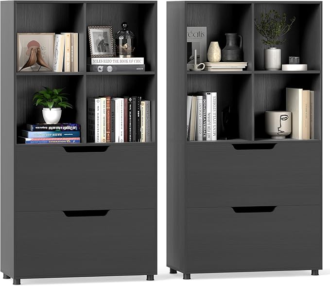 GOFLAME 4-Tier Bookcase with 2 Drawers, 51” Tall Bookshelf with 4-Cube Open Shelf, Wood, Modern, Freestanding Display Storage Organizer Shelf for Living Room, Home Office (2,Black)