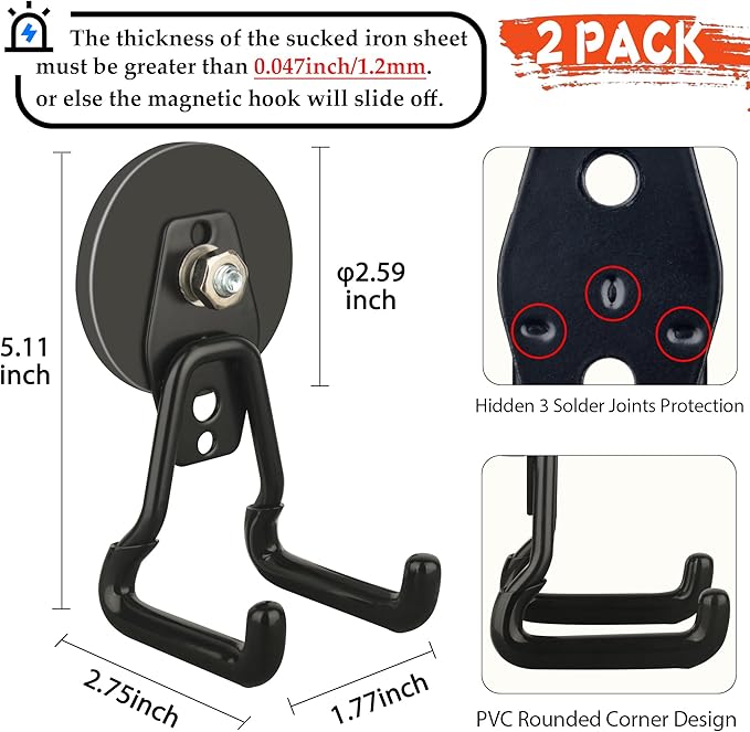 ULIBERMAGNET New Upgraded Large Magnetic Hooks,Strong Heavy Duty Magnet Hooks for Power Drill,Broom,Garden Tools, Pegboard, Garage, Workshop,Hardware, 2 Pack Magnet Storage Holder for Hanging(Black)