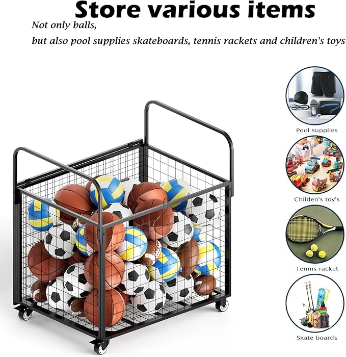 Ball Storage - Basketball Cart With Wheels Garage Volleyball Storage Sport Equipment Holder Organizer For Indoor Outdoor,Metal Storage Rack For Playgroup,Gym And School