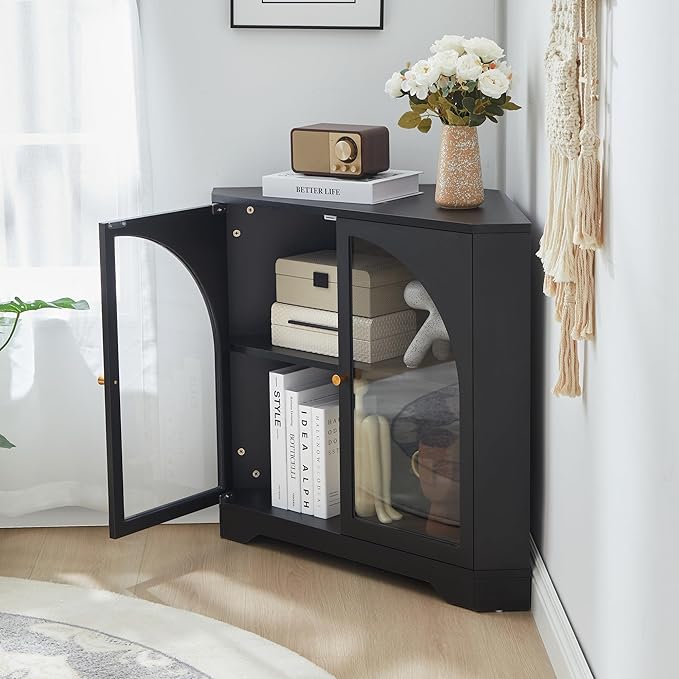 31.5" Mid-Century Modern Small Coner Storage Cabinet, Black Coner Cabinet with Arched Acrylic Mullion Door & Adjustable Shelf for Living Room, Bathroom, Kitchen Coofee Bar (Black)