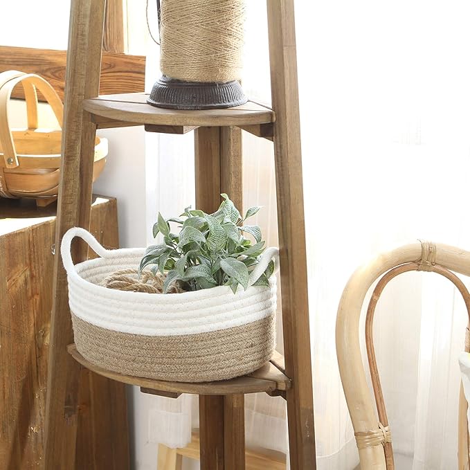 Sea Team 2-Pack Cotton Rope Baskets, 10 x 7 x 4 Inches Small Woven Storage Basket, Fabric Tray, Bowl, Oval Open Dish for Fruits, Jewelry, Keys, Sewing Kits (Flaxen & White)