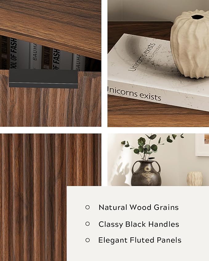 Fluted Corner Cabinet, Modern Small Floor Storage Cabinet with Adjustable Shelf, Wood Freestanding Narrow Organizer for Living Room Kitchen, Brown
