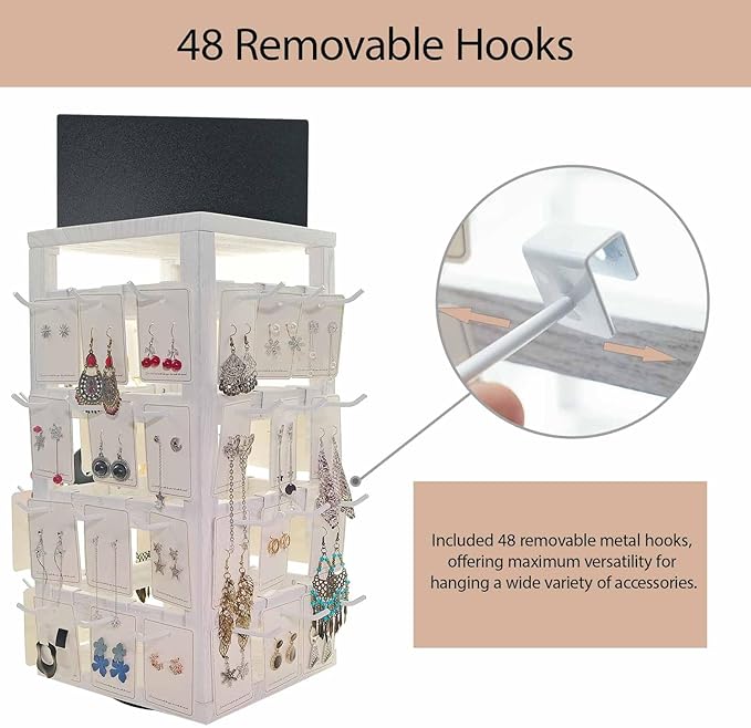 Wooden rotating Jewelry Display Stand with Removable 48 Hooks advertising board, For Earring Cards necklace bracelet Keychain Jewelry Organizer For Selling For vendor events (White)