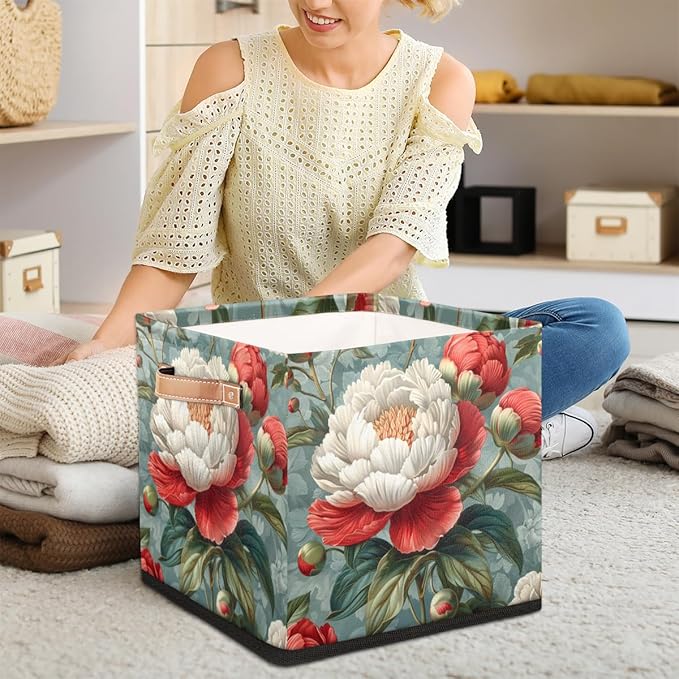 TropicalLife 13x13x13 Inch Large Fabric Storage Cube Retro Rose Foldable Storage Bin with Handles Organizer Boxes Cube Basket for Shelves Organizing Closet