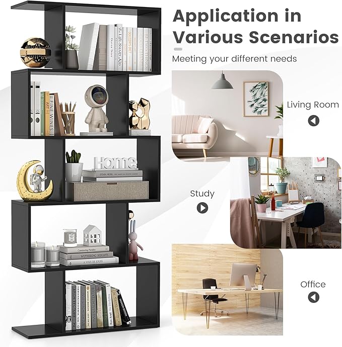 5-Tier Geometric Bookcase, 62.5” Freestanding Room Divider Bookshelf with Open Display Shelves & Anti-tip Device, Wood S-Shaped Storage Organizer for Living Room, Bedroom, Study & Home Office
