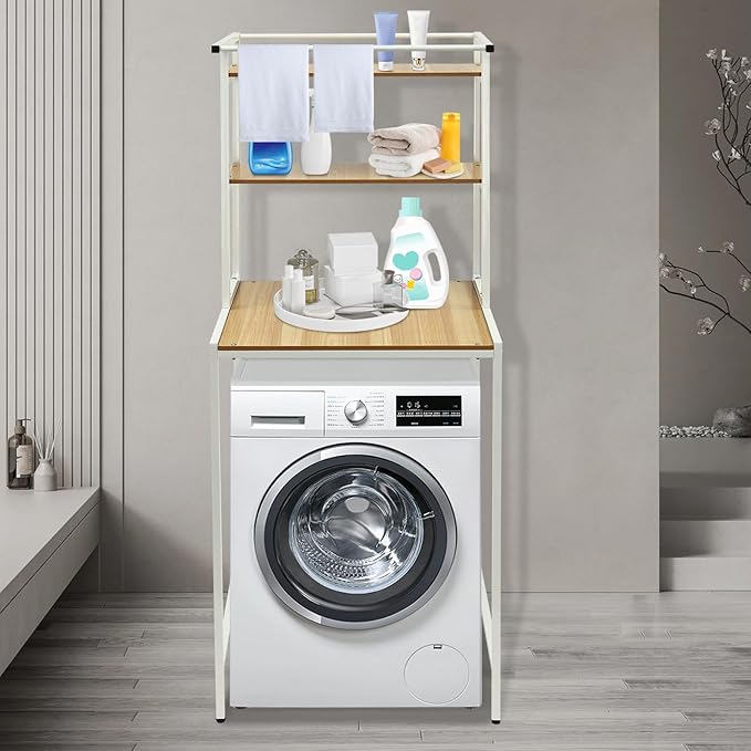 Over Washer and Dryer Shelves,Dryer Storage Shelf,3 Tiers Laundry Room Storage and Organizer Standing Shelf,Height Adjustable Laundry Room Shelves, Load-Bearing Capacity 22lbs (Log)