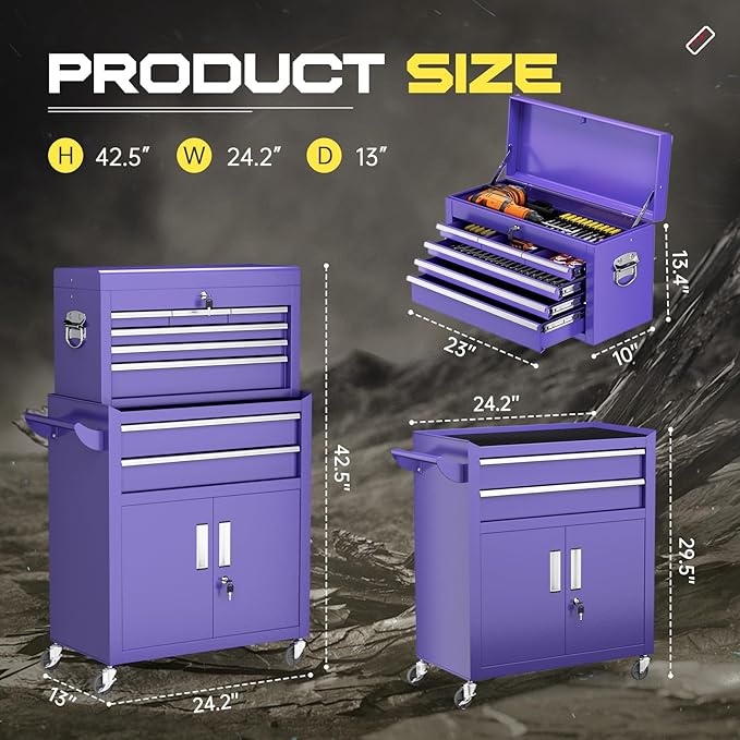 8-Drawer Rolling Tool Chest with Lock, Detachable Tool Cabinet Cart with Wheels, High-Capacity Mechanic Tool Organizer for Garage Workshop Warehouse Storage(Purple)