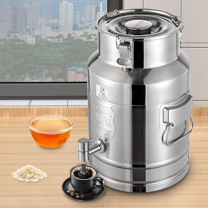 Milk Can Barrel Stainless Steel Beverage Drink Dispenser Large Capacity Storage Bucket Container with Faucet and Handles for Milk Coffee Wine Oil Rice Cereals Water (15L/3.96Gal)