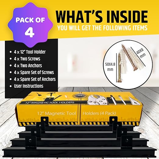 12" Heavy-Duty Magnetic Tool Holders (4 Pack - 48" Total) - Extremely Powerful Magnetic Pull Force to Hold Heavy Tools (Upgraded Version) - Professional Tool Bars/Strips Organizer