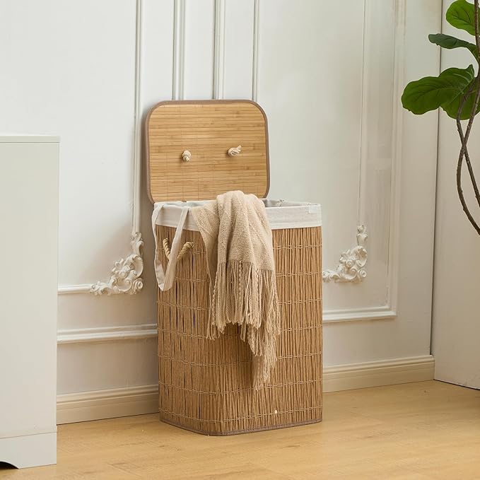 Laundry Hamper with Lid, 18.72 Gallons (72L) Laundry Basket with 2 Removable Liner Bags, Synthetic Rattan Clothes Hamper, laundry organization for bathroom, laundry room, Natural