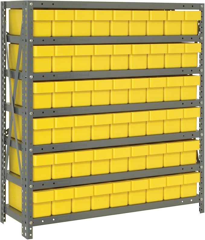 Quantum 1839-604YL Heavy Duty Shelving Unit with (7) Shelves and (54) Yellow QED604 Bins for Garage Warehouse Storage Distribution | 400 lb Load Capacity | 18"D x 36"L x 39"H, Galvanized Carbon Steel