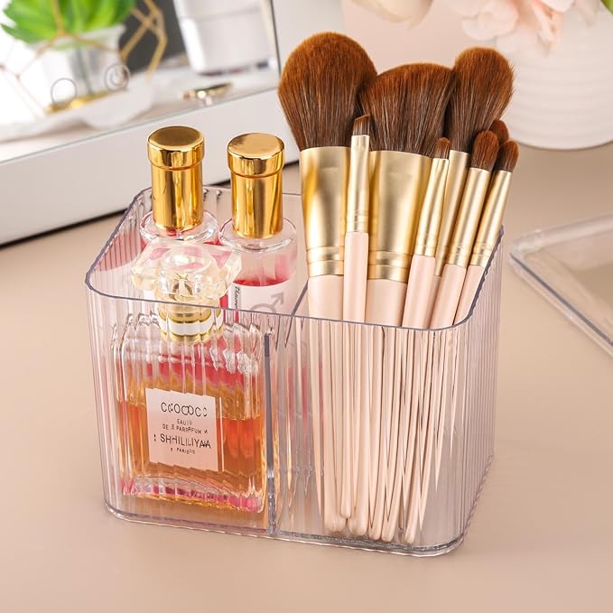 Tbestmax Qtip Holder Dispenser 3-Section Clear Bathroom Organizer Jar 3 Grids Cotton Swab/Pad/Ball Holder Container Cosmetics Storage for Vanity(2 Pack)
