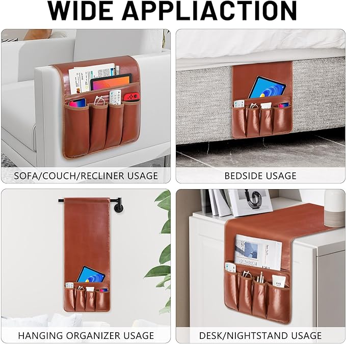 Non-slip Couch Organizer Armchair Caddy, Artificial Leather TV Remote Control Holder Bedside Caddy with 5 Pockets for Key Glasses Phone Magazine Holders.