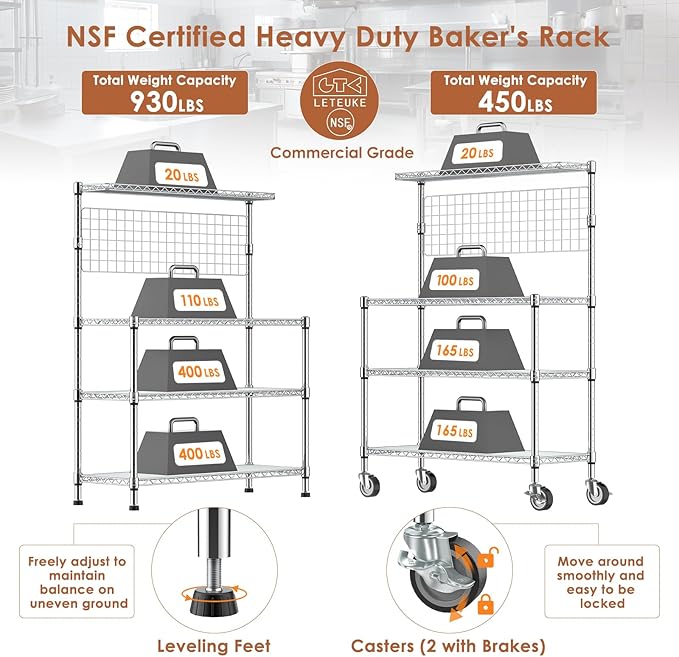 Leteuke Bakers Rack with Storage & Wheels, 42 Inch Microwave Stand Kitchen Shelves, 4-Tier Heavy Duty Storage Rack with 20 S-Hooks, Commercial Metal Utility Kitchen Cart, 42× 18× 63 Inch, Chrome