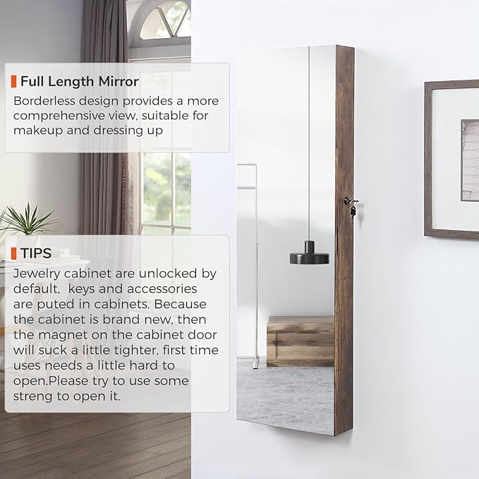 GISSAR Full Length Mirror Jewelry Cabinet, 6 LEDs Jewelry Armoire Wall Mounted Over The Door Hanging, Jewelry Organizer Display Storage Furniture with Lights Locker Mirrored Cabinet, Vintage Brown