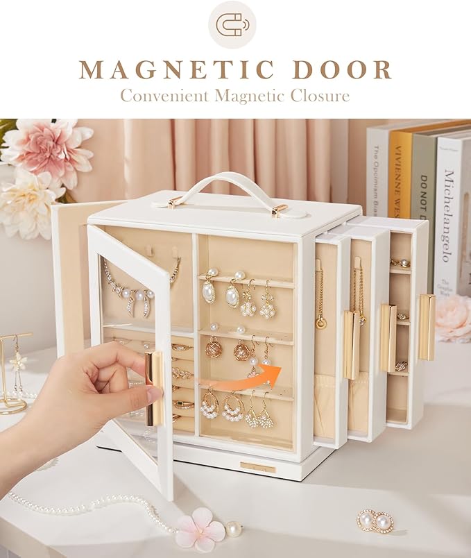 Homde Christmas Gifts Jewelry Box 360° Rotating, Necklace Earring Organizer with Transparent Window, Mirror, 7 Drawers, Large Ring Display Storage Case for Girls Women (White)
