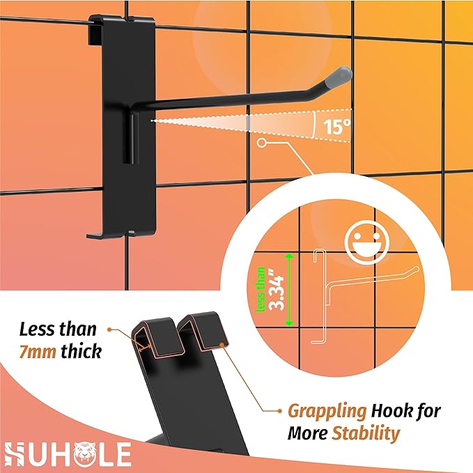 HUHOLE Black Gridwall Hooks 2 Inch, 4 Inch, 6 Inch, 60PC Heavy Duty Grid Wall Accessory, Durable Grid Wall Hook Solution for Tool Organization, Garagre, Retail Display, Hooks for Gridwall Panel
