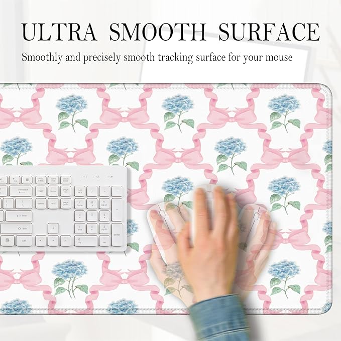 Blue Hydrangea Large Mouse Pad 31.5x15.7inch, Trendy Coquette Pink Bow Flower Aesthetic Large Extended Computer Desk Mat Mousepad for Keyboard and Mouse, Preppy Desk Accessories