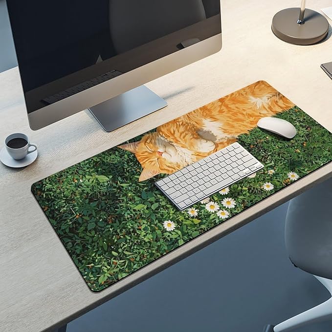 Cozy Cat Large Mouse Pad, Grass Daisy Gaming Desk Mat, XXL Keyboard Desk Pad Mat for Desktop, 35.4"x15.7" Non-Slip Base Big Mousepad with Stitched Edges