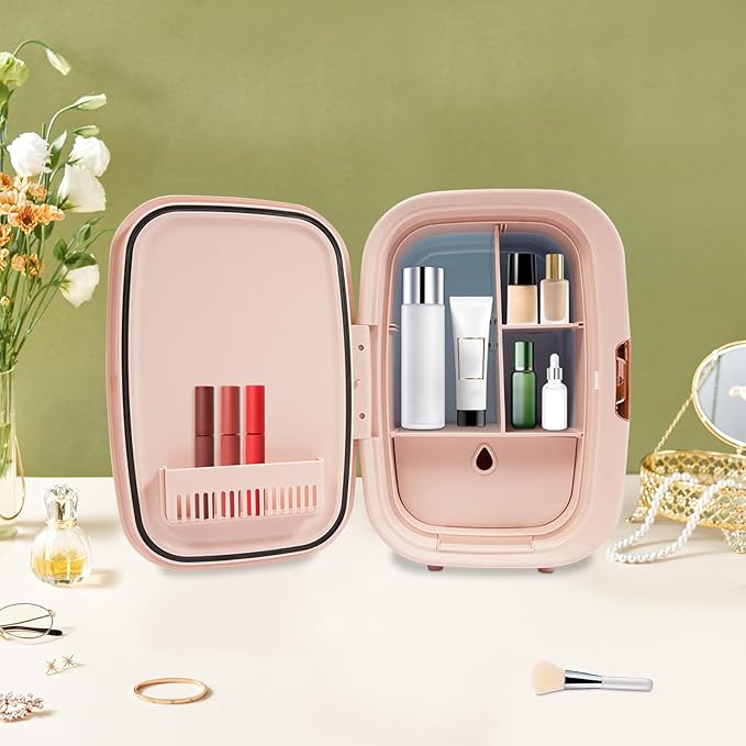 Mini Skincare Fridge,12L Makeup Cosmetics Refrigerator Beauty Fridge for Cosmetic Storage Skincare Fridge Portable Small Refrigerator for Cosmetics, Skin Care (Pink, Without ED Light Mirror)