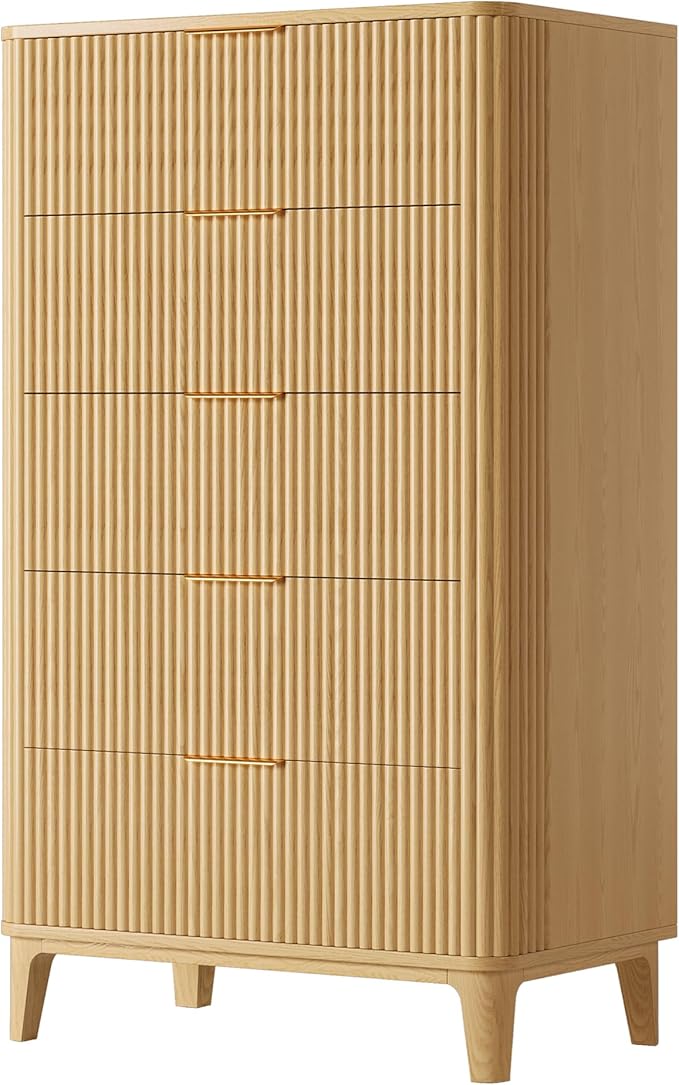 Fluted Dresser for Bedroom with 5 Drawers Set of 2, 45" Large Closet Clothes Wood Tall Dresser Storage Organizer, Mid Century Modern Chest of Drawers with Deep Storage Natural