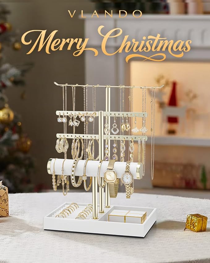 Vlando 3 Tier Jewelry Stand Organizer with Tary, Leather Jewelry Holder Display for Women, Gold Jewlery Holder Display for Necklace, Earring, Bracelet, Rings - White