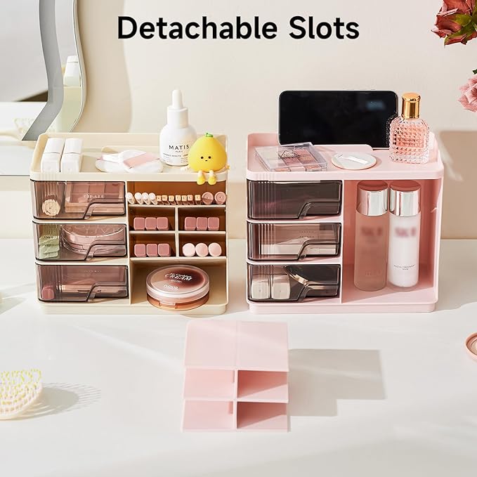 Makeup Organizer Countertop with 3 Drawers, Multi-Function Desktop Vanity Organizer for Skincare Makeup Brush Lipstick, Bathroom Counter Organizer, Cream White