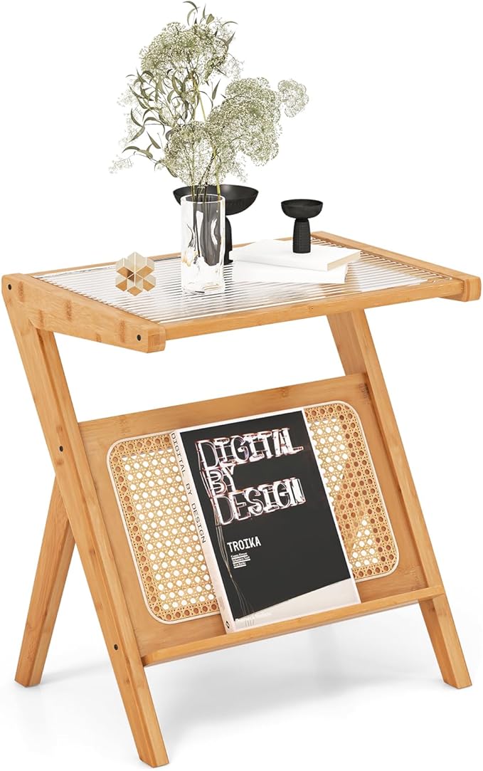 Giantex Rattan Side Table, Boho Nightstand with Glass Top & Magazine Rack, End Table with Storage, Bamboo Bedside Table for Small Space Living Room Bedroom (Natural,1)