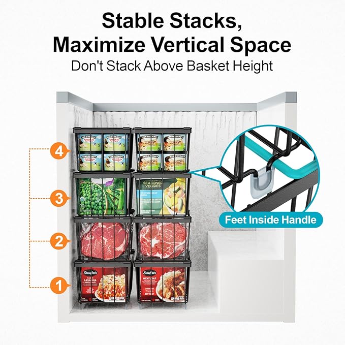 iSPECLE Chest Freezer Organizer Bins - 5 Pack Small Stackable Freezer Organizer Bins for 5 to 7 Cu.FT Deep Freezer Easy to Get Food from Bottom without Digging, Black