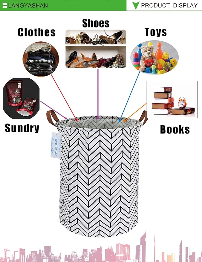 LANGYASHAN Laundry Basket Canvas Fabric Collapsible Organizer Basket for Storage Bin Toy Bins Gift Baskets Bedroom Clothes Children Nursery Hamper (Geometric)