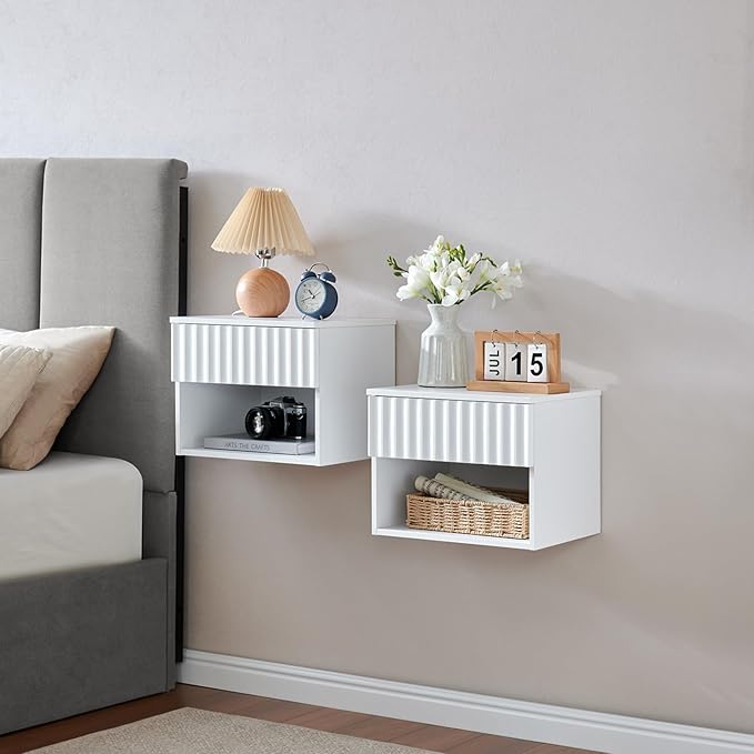 Floating Nightstand with Fluted Drawer - Modern Wall Mounted Bedside Table with Open Storage Shelf, Small Night Stand TV Stand for Bedroom(Matte White, Set of 2)