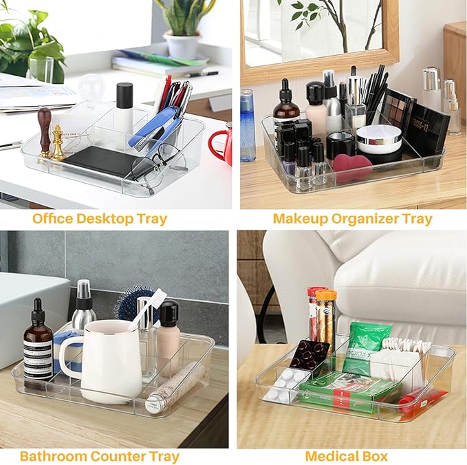SUNFICON Makeup Tray Organizer Cosmetic Display Case Office Stationery Storage Holder Countertop Storage Unit Makeup Box for Bathroom Drawers,Vanities Office Desk,Washable Crystal Clear Acrylic
