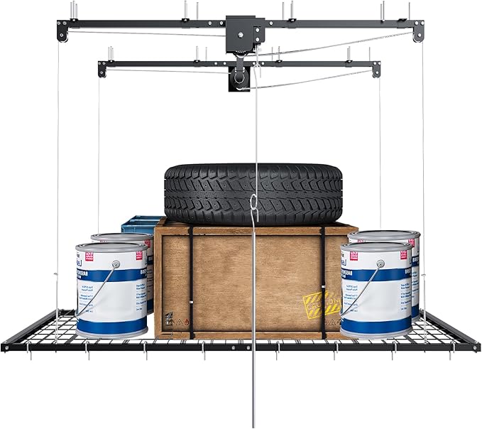 Montary 4x8 FT Overhead Garage Storage Rack for 10-12 FT Ceiling, Adjustable Ceiling Storage Rack with Safety Lock, 325LBS Capacity All-Steel Construction Heavy-Duty Garage Lifting Organizer