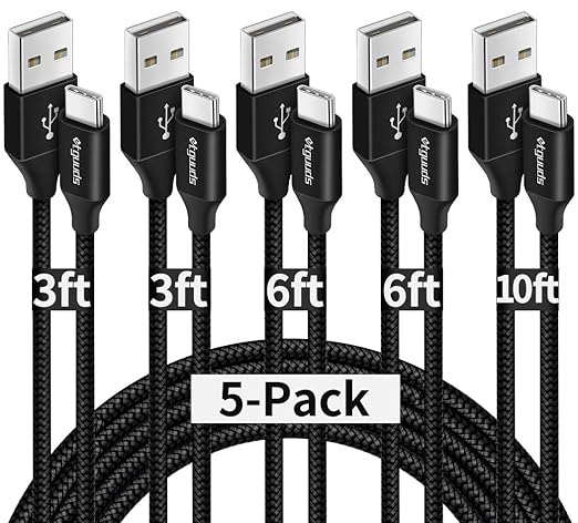 etguuds USB A to USB C Cable 5-Pack (3/3/6/6/10 ft), Fast Charging Type C Charger Cord for iPhone 17 16 15 Pro Max Plus Air, Samsung Galaxy S25 S24 S23 S22 S21 S20 A56 A17 A16, Pixel, Moto G, Black