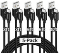 etguuds USB A to USB C Cable 5-Pack (3/3/6/6/10 ft), Fast Charging Type C Charger Cord for iPhone 17 16 15 Pro Max Plus Air, Samsung Galaxy S25 S24 S23 S22 S21 S20 A56 A17 A16, Pixel, Moto G, Black
