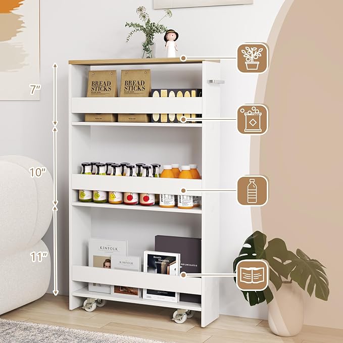 Slim Rolling Storage Cart, 4 Tier Narrow Kitchen Cart with Wheels, Between Washer and Dryer Cart, Wood Shelving Unit Organizer w/Handle for Small Spaces (White & Natural, 5-Inch)