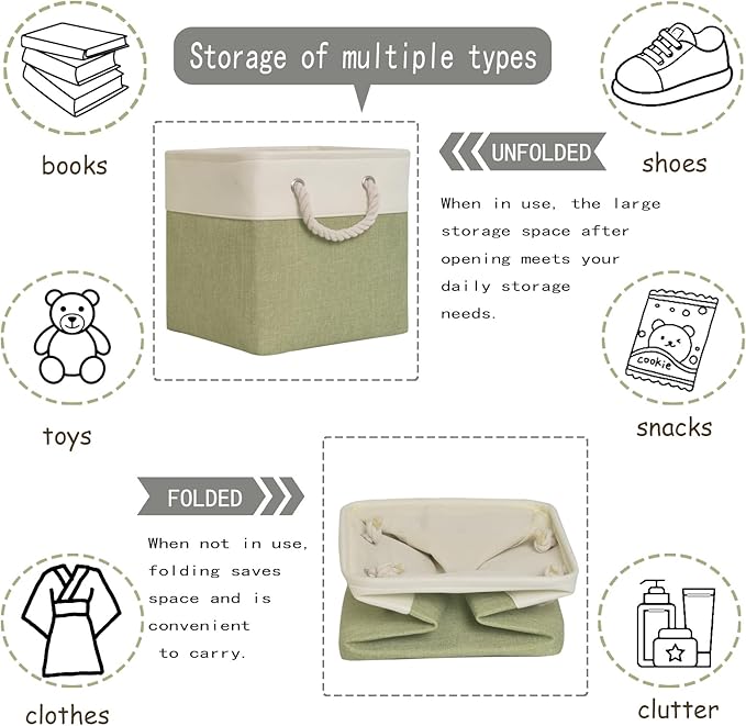 11x11 cube storage bins[6 Pack],Cube Storage Organizer Bins with Rope Handles, Eco-Friendly Linen Collapsible Organizers for Closet, Nursery, Toys, Office, Bathroom – Dual Color Design.(White&Green)